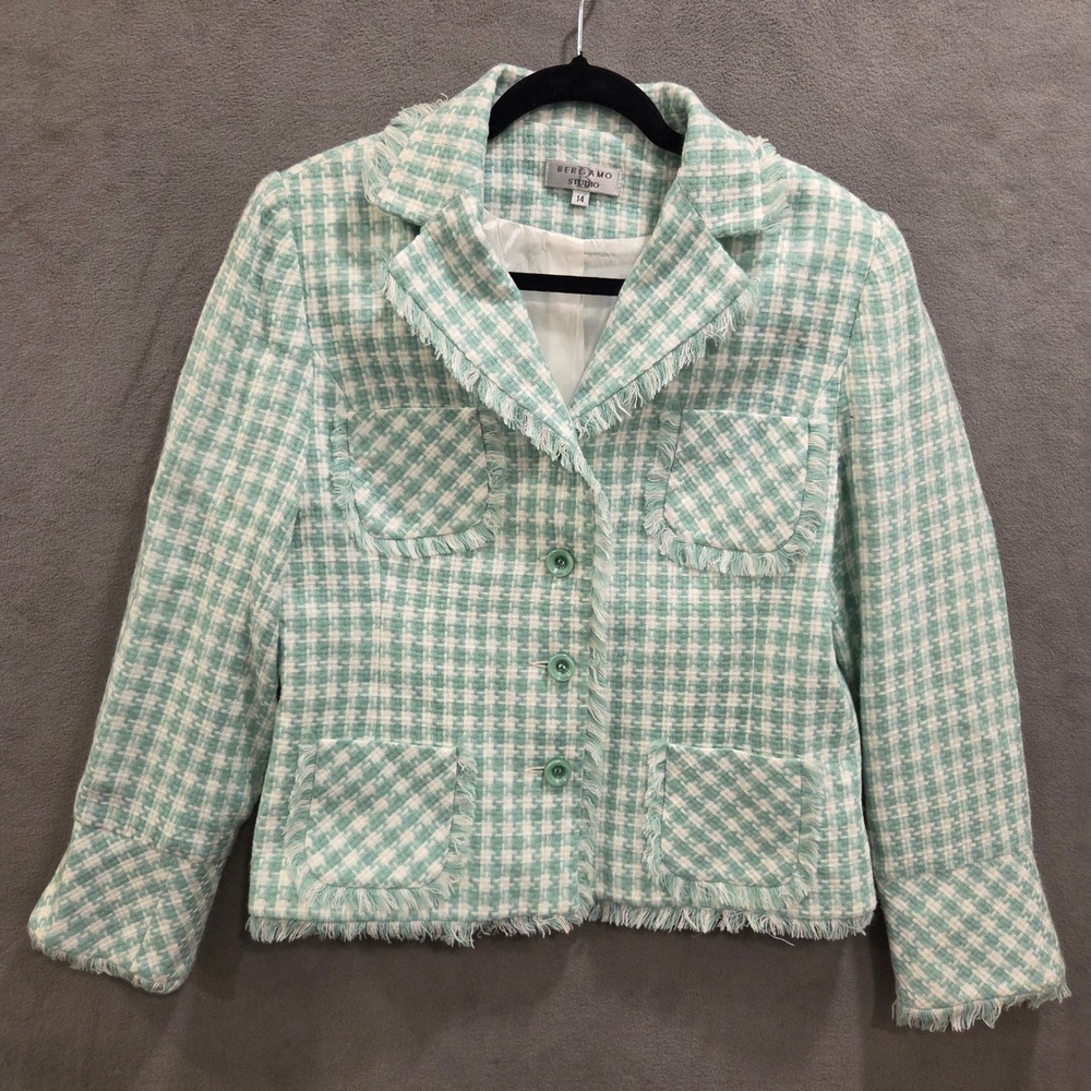 Bergamo Studio Tweed‎ Blazer Women Size 14 Plaid Fringed Office Preppy Coastal